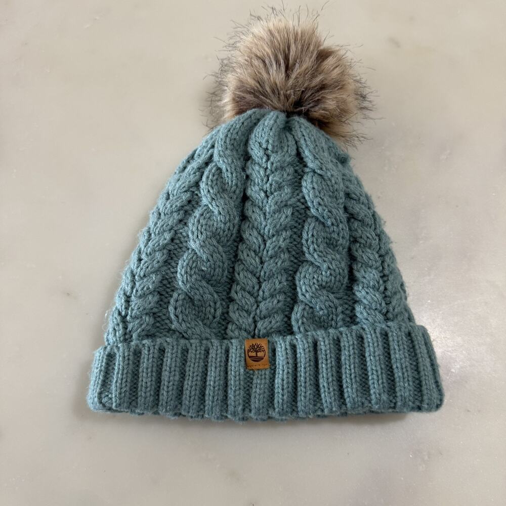 Timberland Women’s Cable Knit Cuff Pom Beanie Fleece Lined One Size Teal Blue